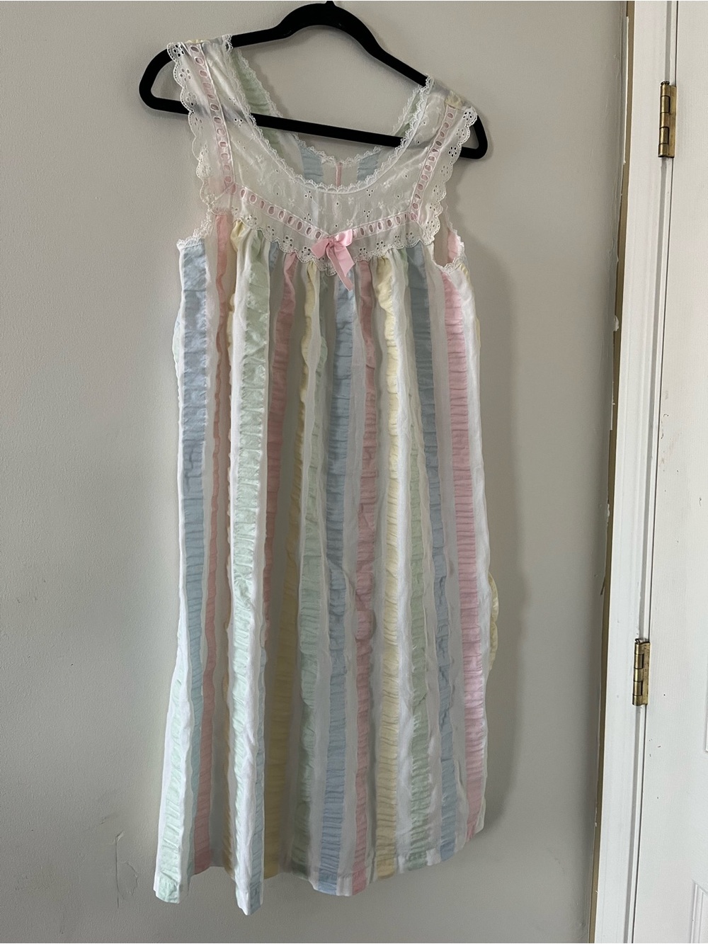 Vintage Blue Pink Striped Ruffle Mini Nightgown Medium Lace Eyelet Coquette
